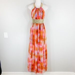 Calvin Klein orange watercolor sequin halter gown